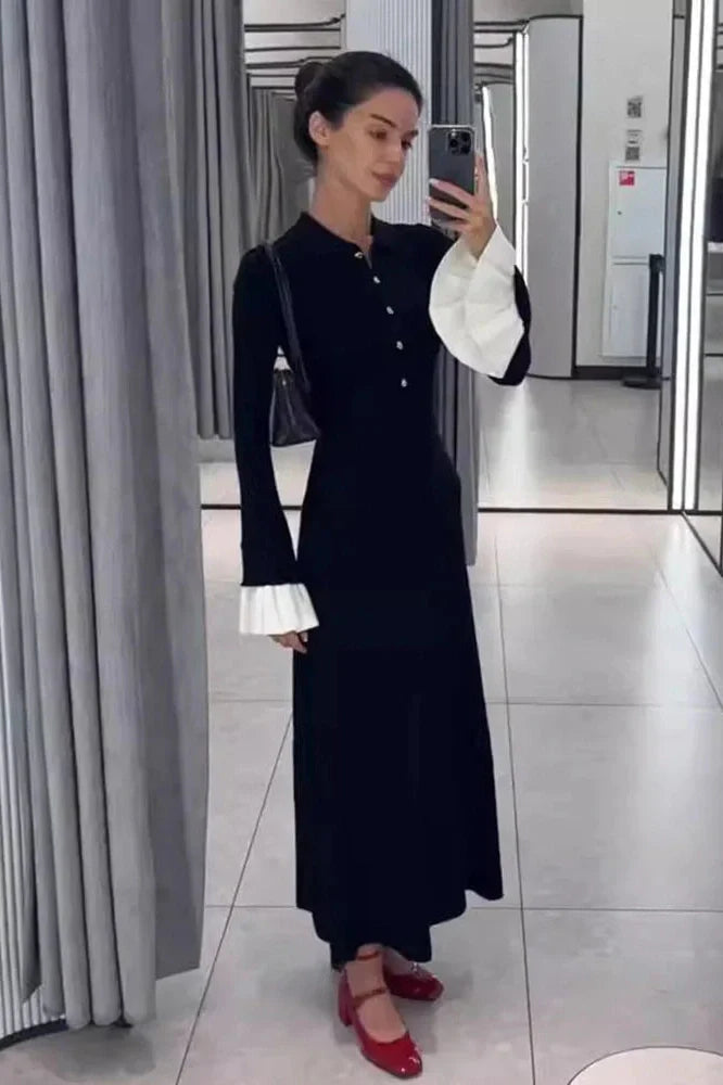 Elegant Flare Sleeve Knitted High Waist Button Maxi Dress