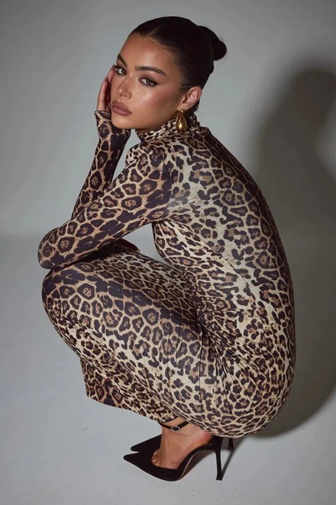 Leopard Print Long Sleeve Turtleneck Maxi Dress