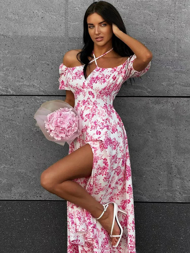 Off Shoulder Lace Up Patchwork Print Maxi Dress