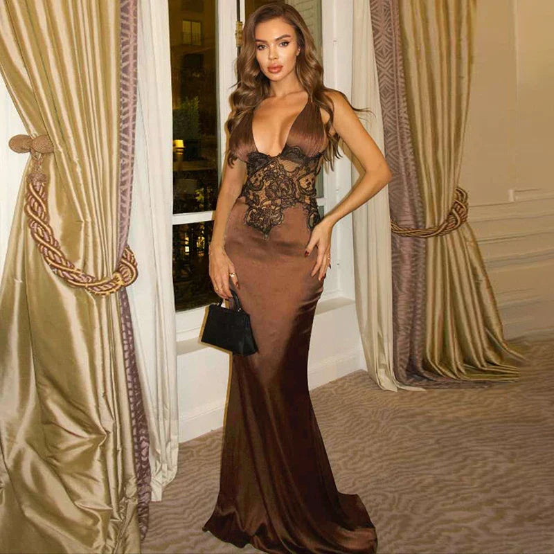 V Neck Backless Slim Lace Maxi Dress