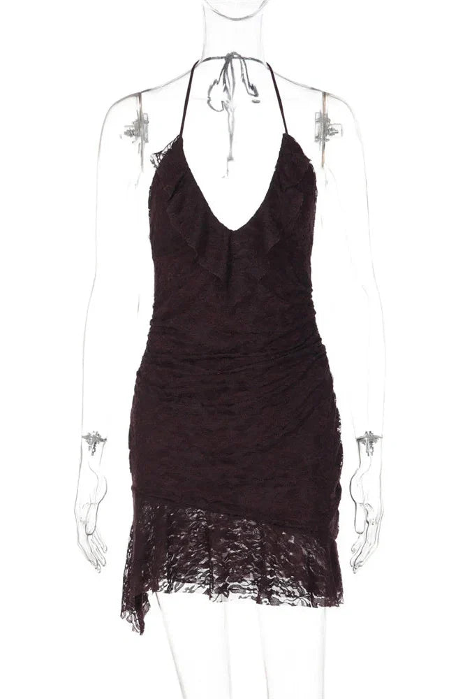 Hollow Out Lace  V-Neck Patchwork Bodycon Mini Dress