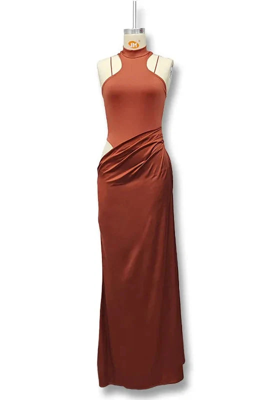 Hollow Out Pleated O Neck Sleeveless Slim High Waist Maxi Dress