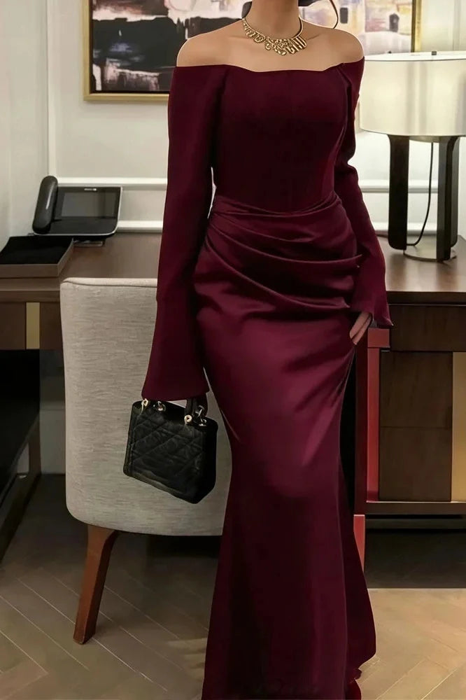 Elegant Off-Shoulder High Waist Pleated Maxi Dress