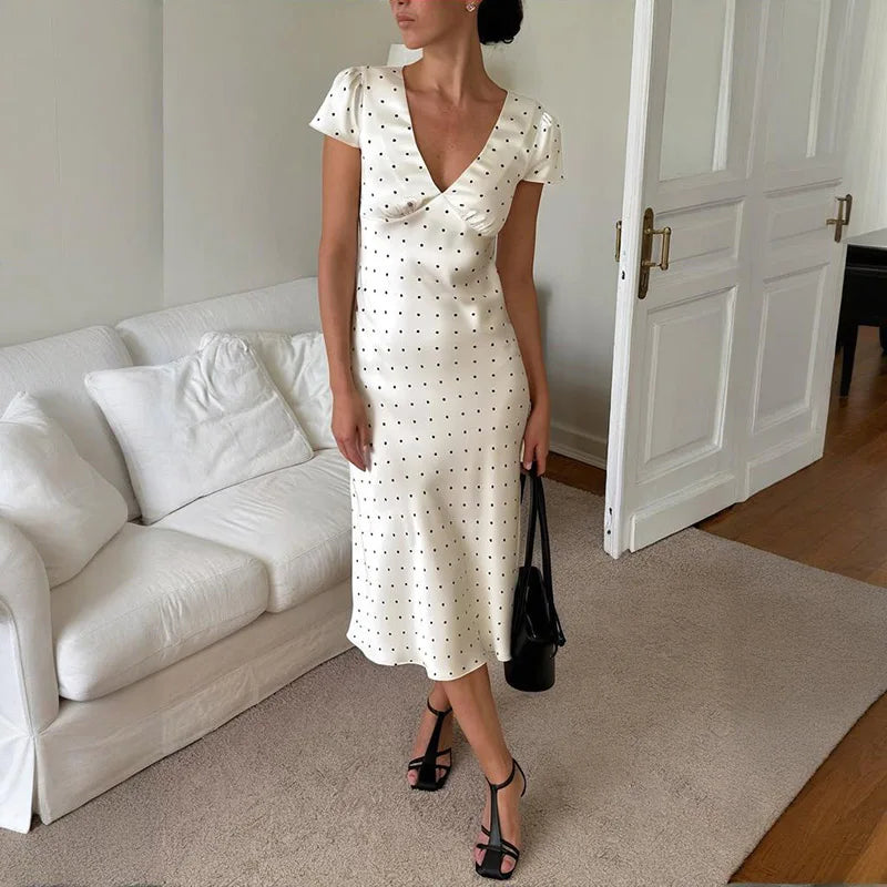 Printed Short Sleeve V Neck High Waist Midi Dress