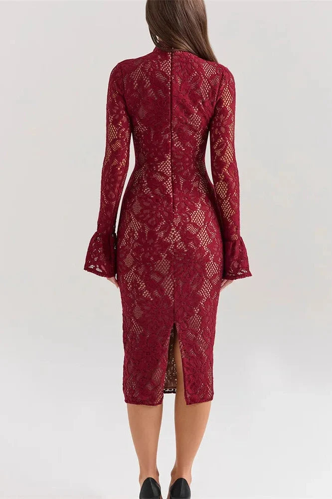 Lace See-Through V-Neck Slim Printed Long Sleeve Midi Dress