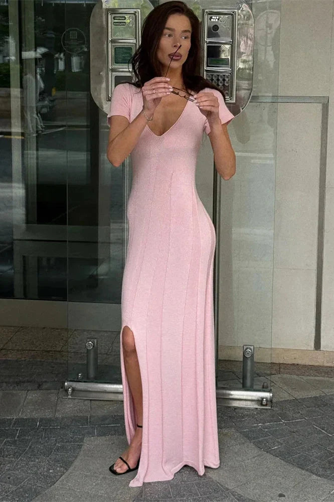 V-Neck Short Sleeve Loose Patchwork Maxi Dress