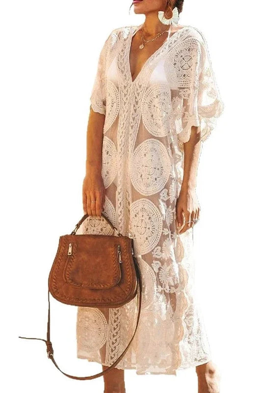 Elegant Lace Hollow V Neck Sleeves Midi Dress
