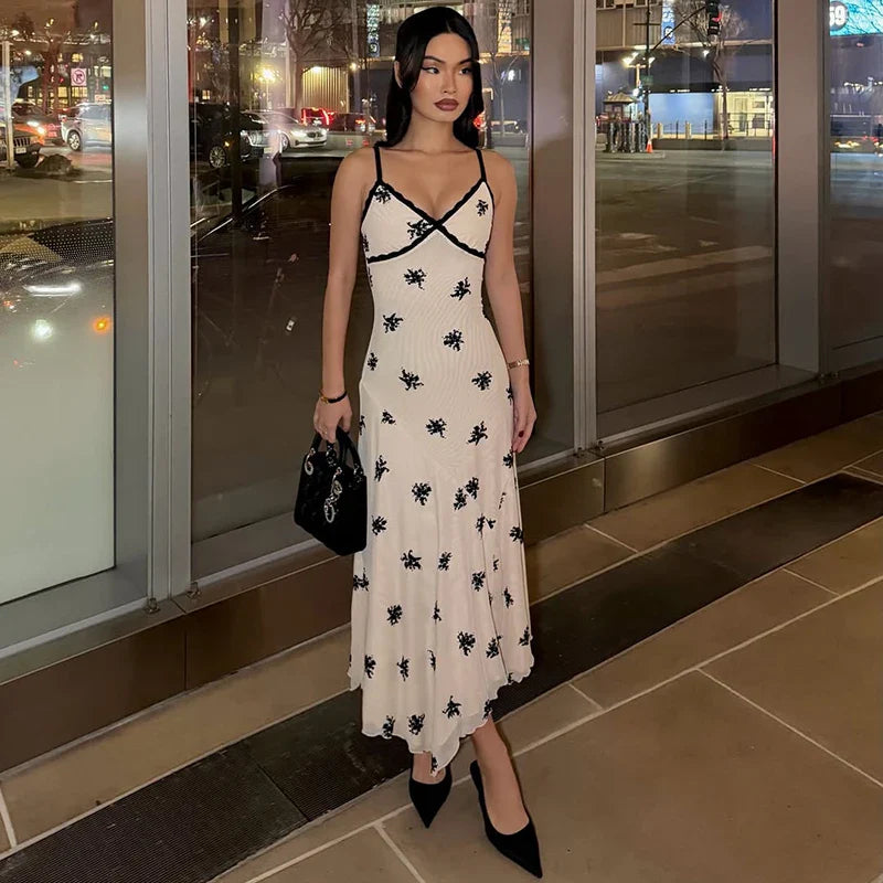 Lace Print Spaghetti Strap Slim Midi Dress