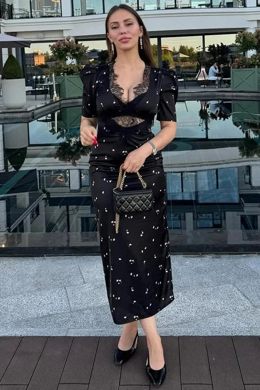 Hollow Lace Short Sleeve High Waist Slim Printed Maxi Dress