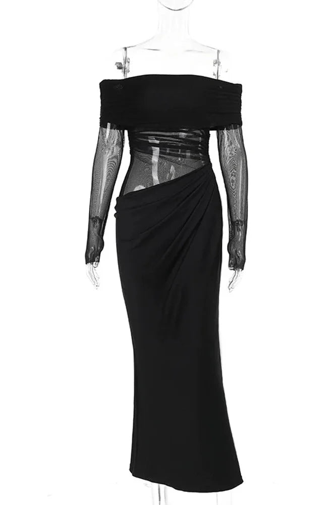 See-Through Patchwork Off-Shoulder Long Sleeve Maxi Dress