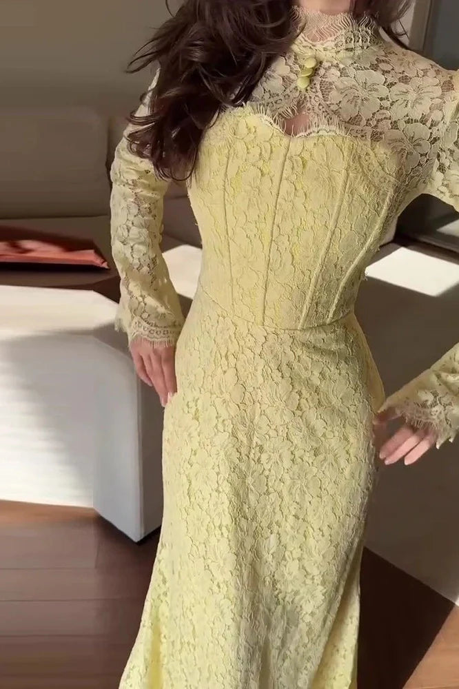 Elegant Slim High Waist Lace Embroidery Maxi Dress