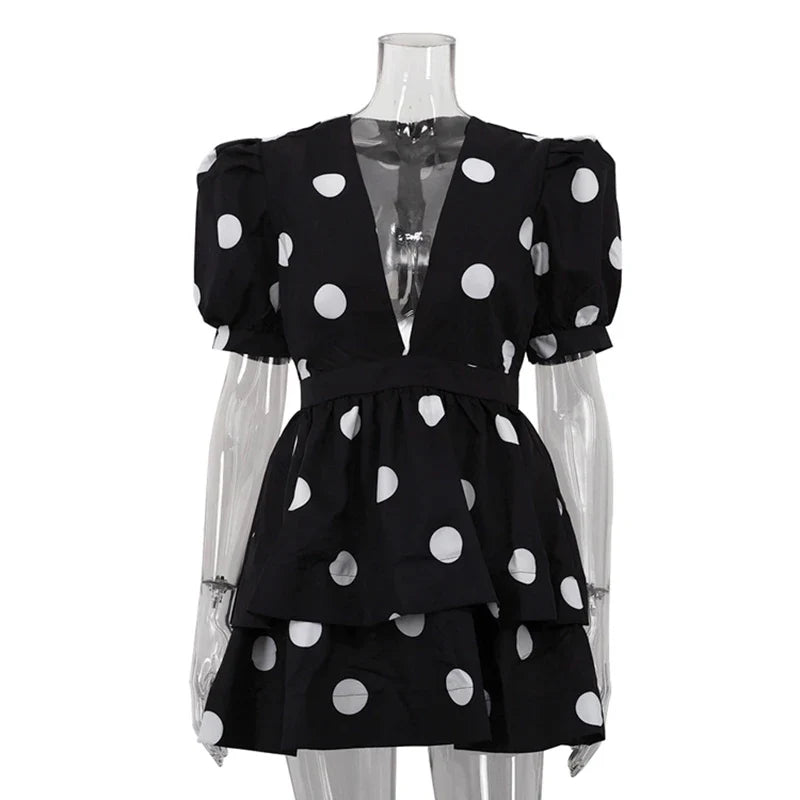 Deep V Neck Printed Puff Sleeve  A-Line Mini Dress