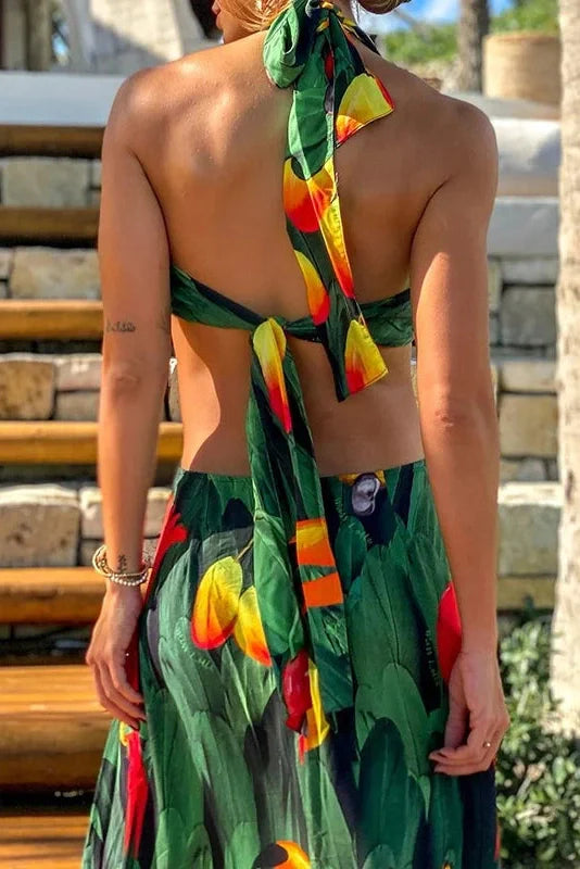 Hollow Out Sleeveless Lace-up Printed Maxi Dress