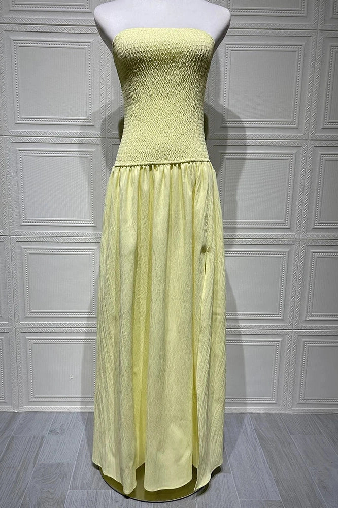 Off-Shoulder Strapless Sleeveless Backless High Split Pleated Maxi Dress