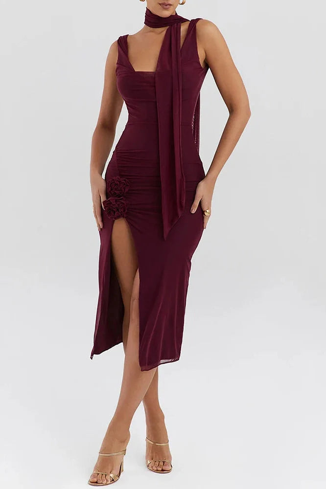 Elegant Flower High Split Sleeveless Backless Midi Dress
