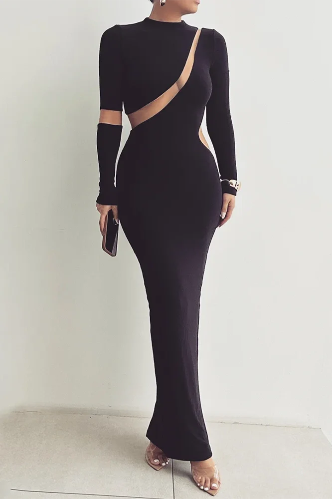 Long Sleeve Bodycon Patchwork Hollow Out Maxi Dress