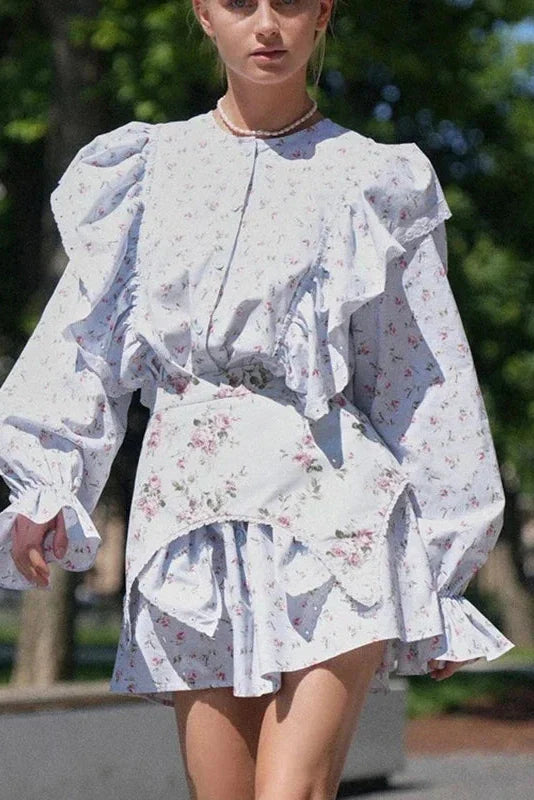 Printed Lace Up Long Sleeve Slim Mini Dress
