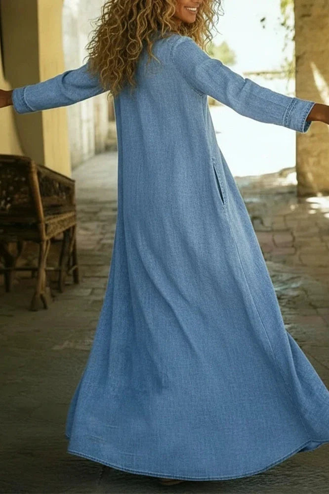 V-Neck Long Sleeve Loose Pleated Maxi Dress