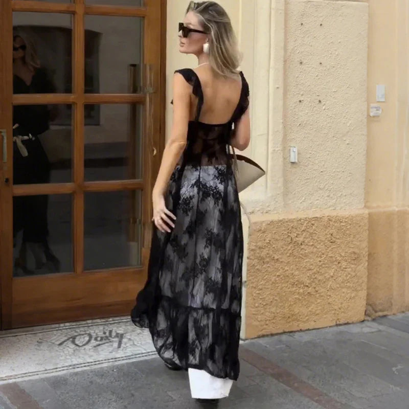 Lace See Through Slit Slim Maxi Dress