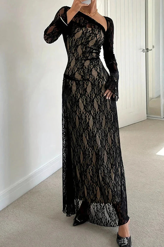 Flare Sleeve Pleated Slim Slash Collar Lace Embroidery Maxi Dress