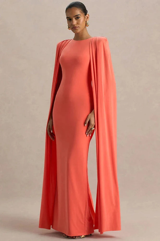Cape Sleeve Zipper O Neck High Waist Split Maxi Dress