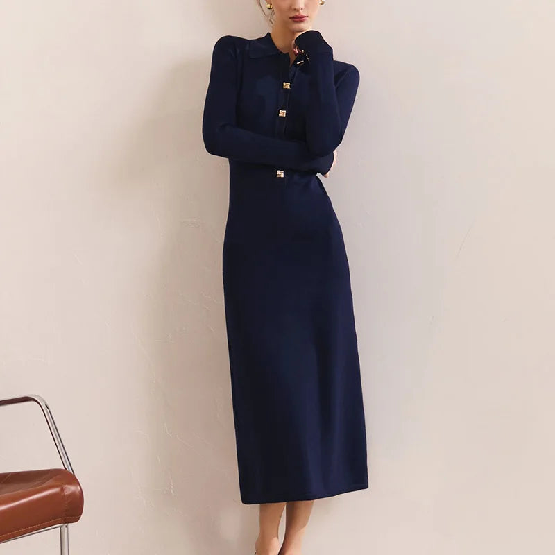 Button Lapel Collar High Waisted Long Sleeve Midi Dress