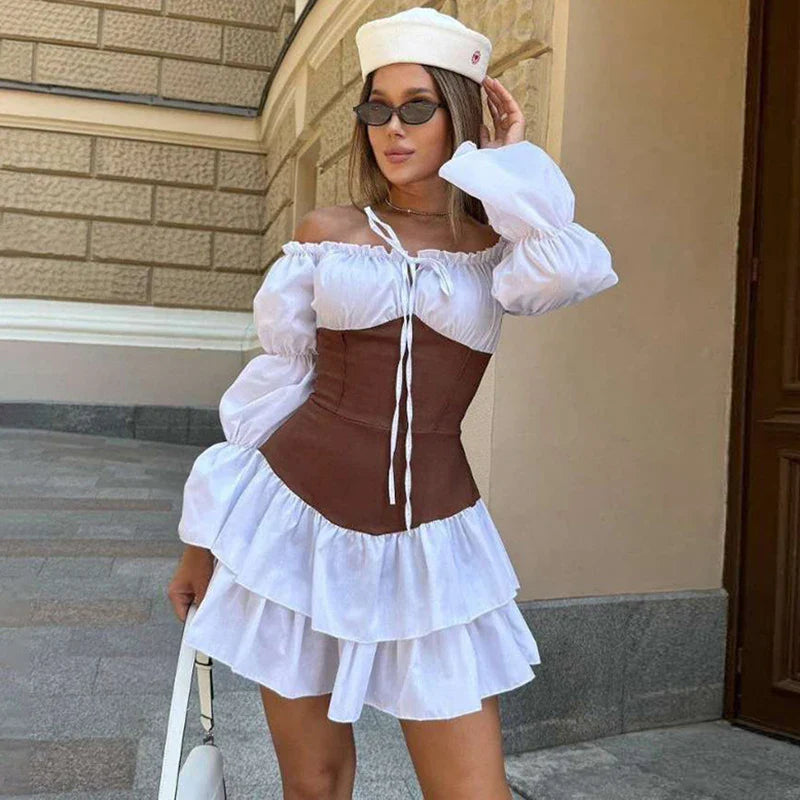 Off Shoulder Pleated Patchwork Puff Sleeve Mini Dress