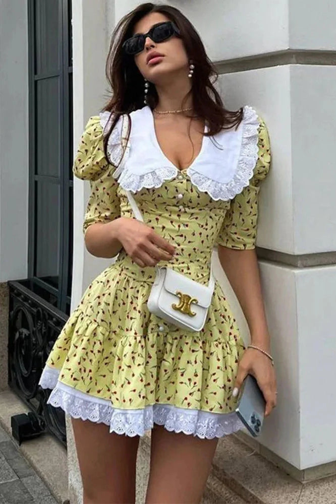 Elegant Lace-Up Slim Lace Short Sleeve Mini Dress