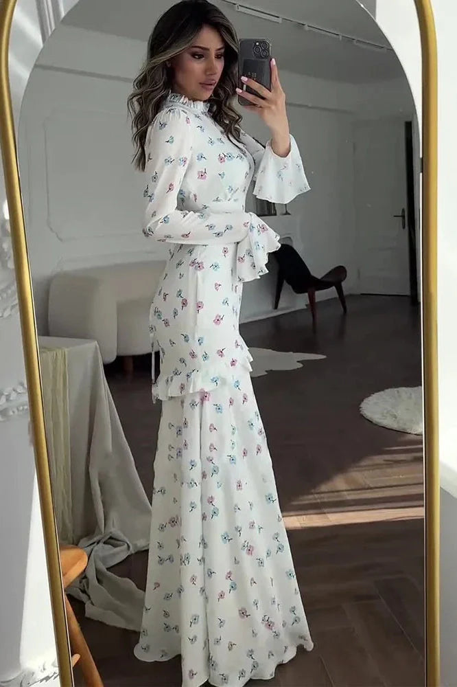 Printed Long Sleeve Slim Fit Lace Maxi Dress