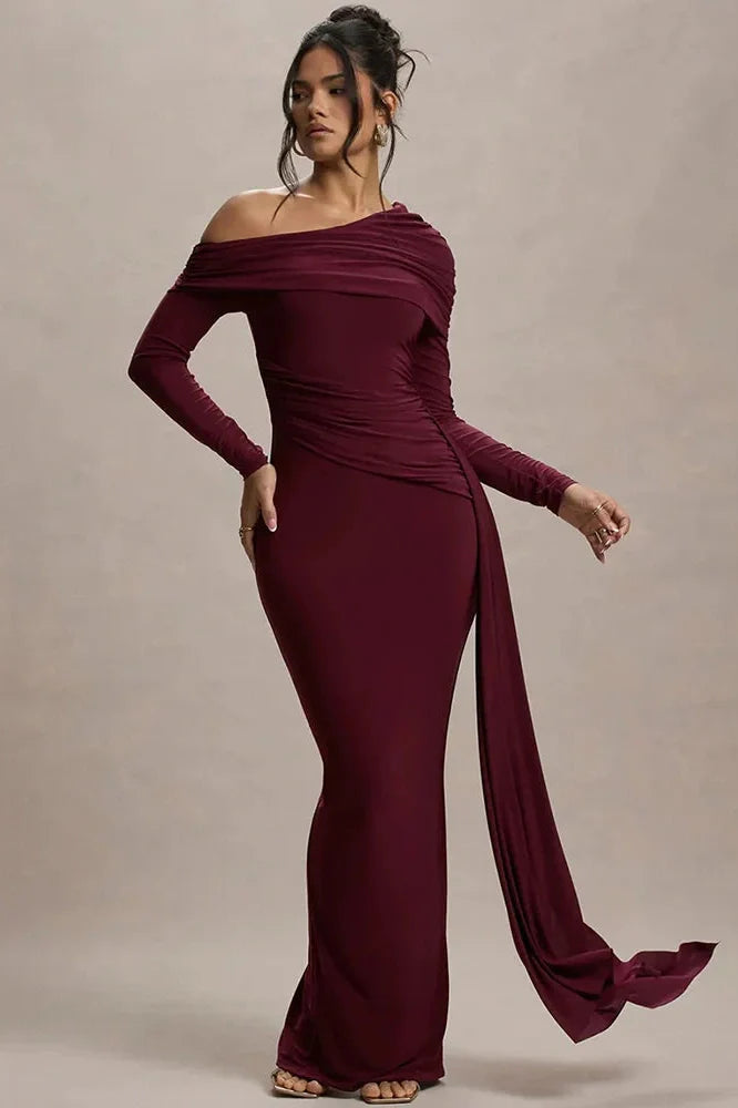 Skew Collar Long Sleeve Backless Bodycon Maxi Dress