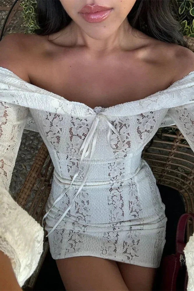 Off-Shoulder See-Through Printed Lace-Up High Waist Maxi Dress