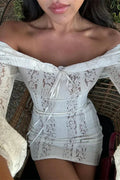 Off-Shoulder See-Through Printed Lace-Up High Waist Maxi Dress