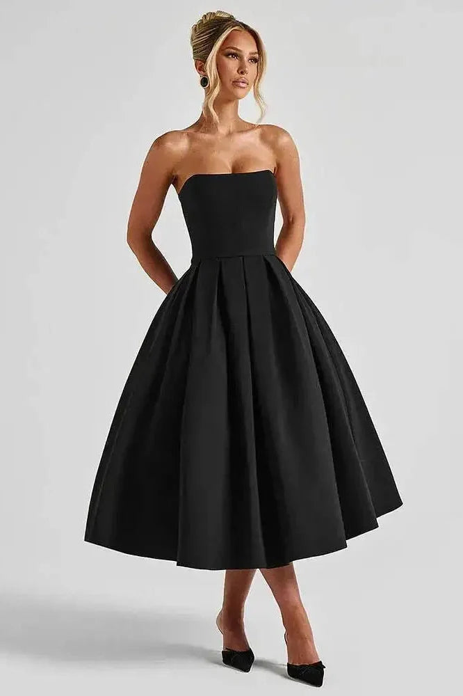 Off-Shoulder Strapless Sleeveless Backless High Waist A-Line Midi Dress