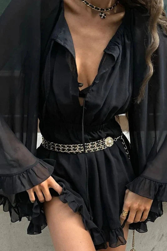 See-Through Long Sleeve Square Collar High Waist Pleated A-Line Mini Dress