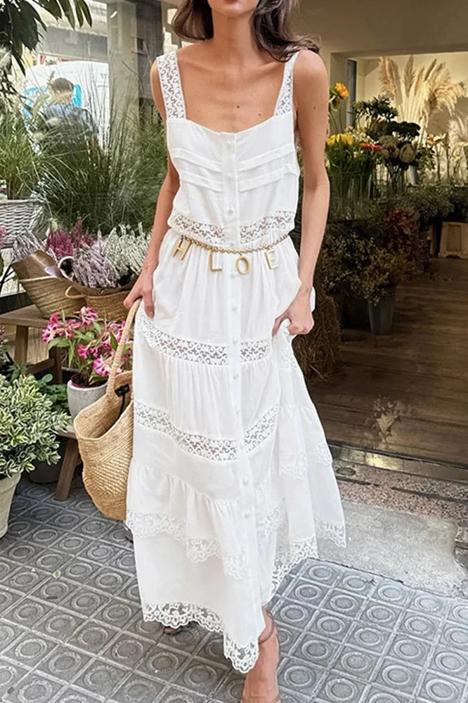 Hollow Out High Waist Lace Sleeveless Pleated Maxi Dress