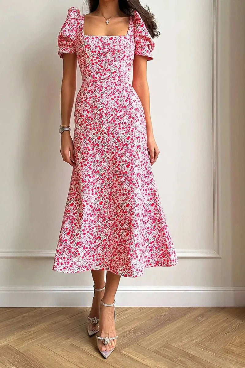 Short Sleeve Floral Print A-Line Midi Dress