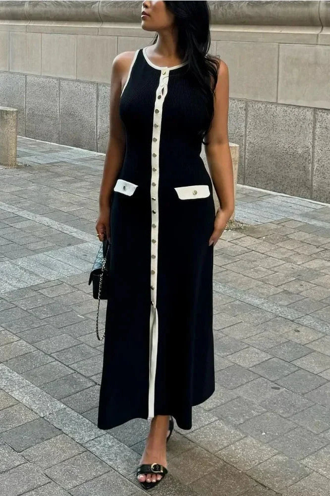 Sleeveless Patchwork High Waist Pocket Maxi Dress