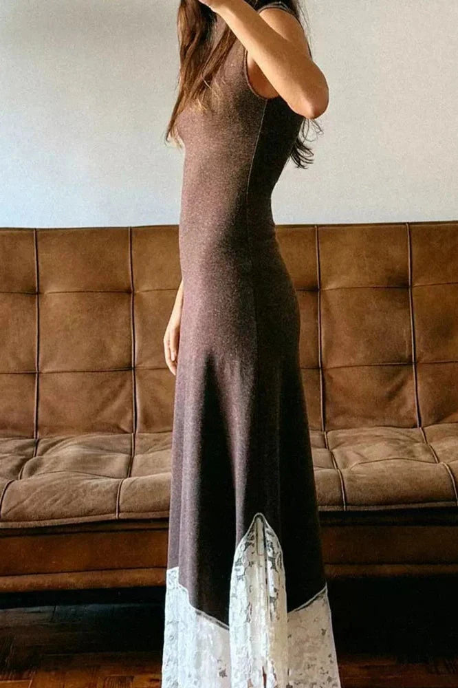 Hollow Out O-Neck Sleeveless Slim Lace Knit Maxi Dress