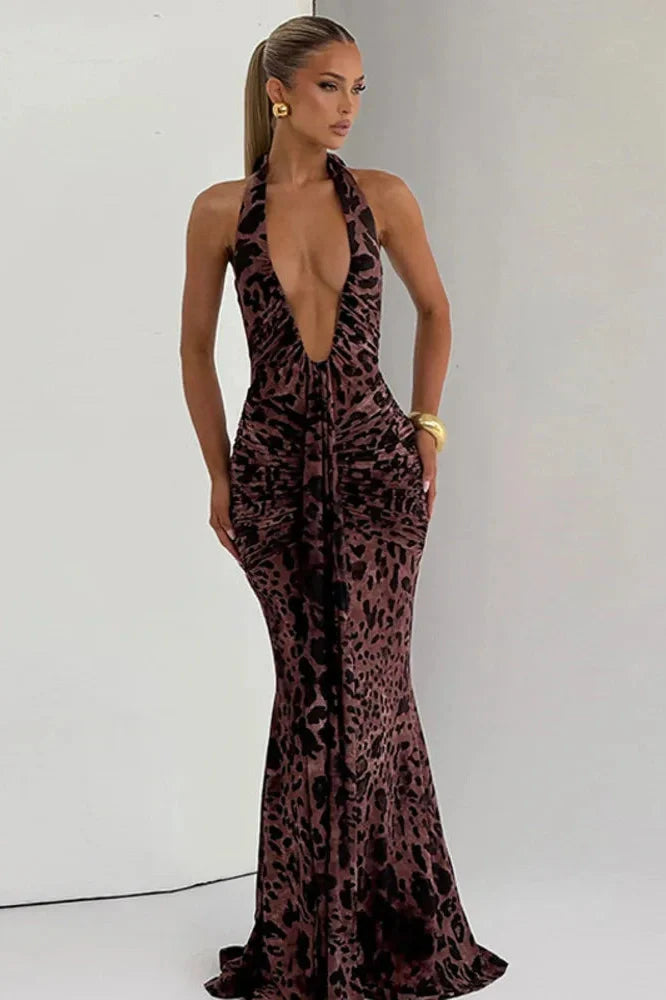 Printed Backless Deep V Neck Sleeveless Bodycon Maxi Dress