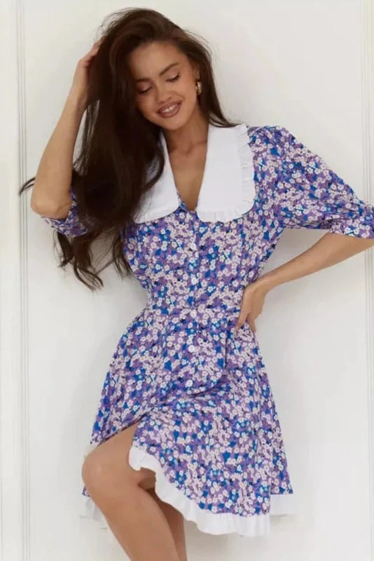 Short Sleeves Printed High-Waisted Mini Dress