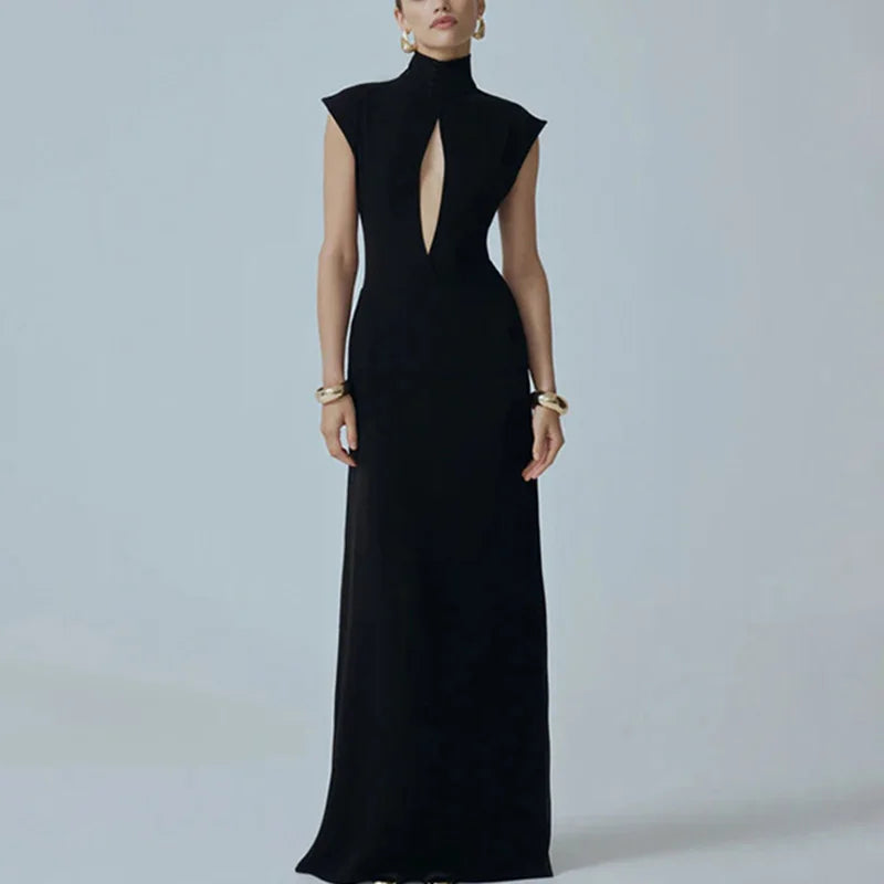 Hollow Out High Neck Patchwork Backless Maxi Dress