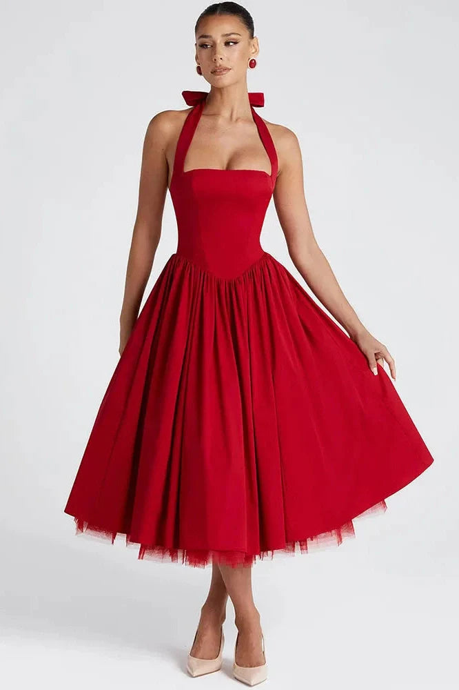 Backless Square Collar Sleeveless High Waist A-Line Midi Dress