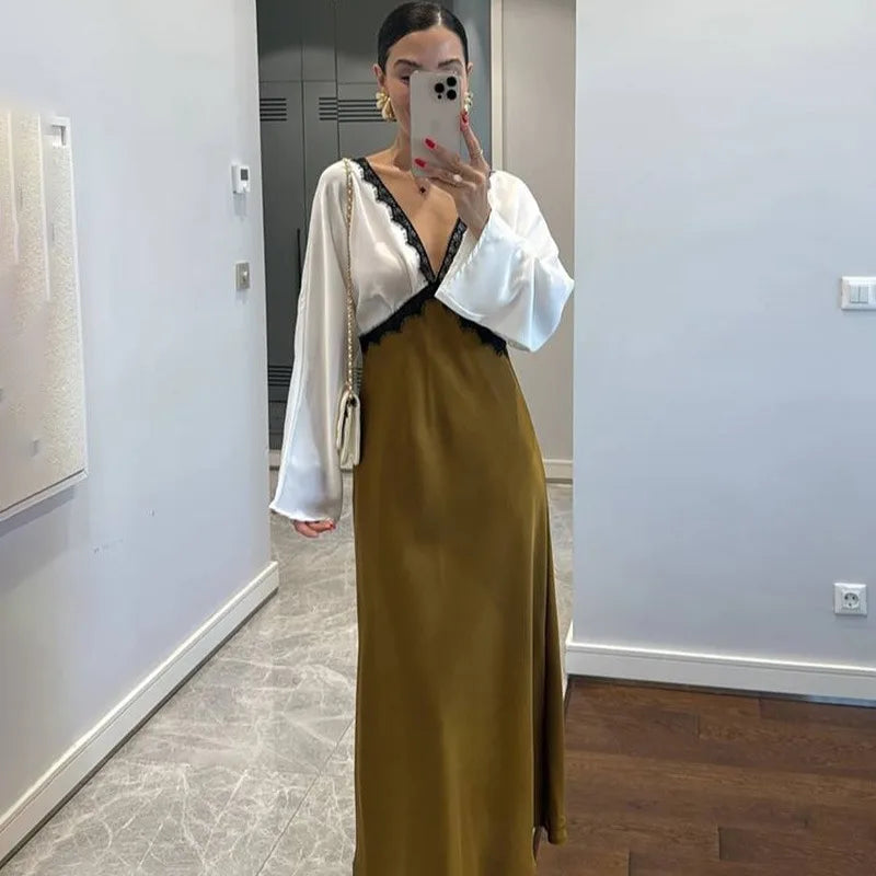 V Neck Lace Patchwork Half Sleeve A-Line Maxi Dress
