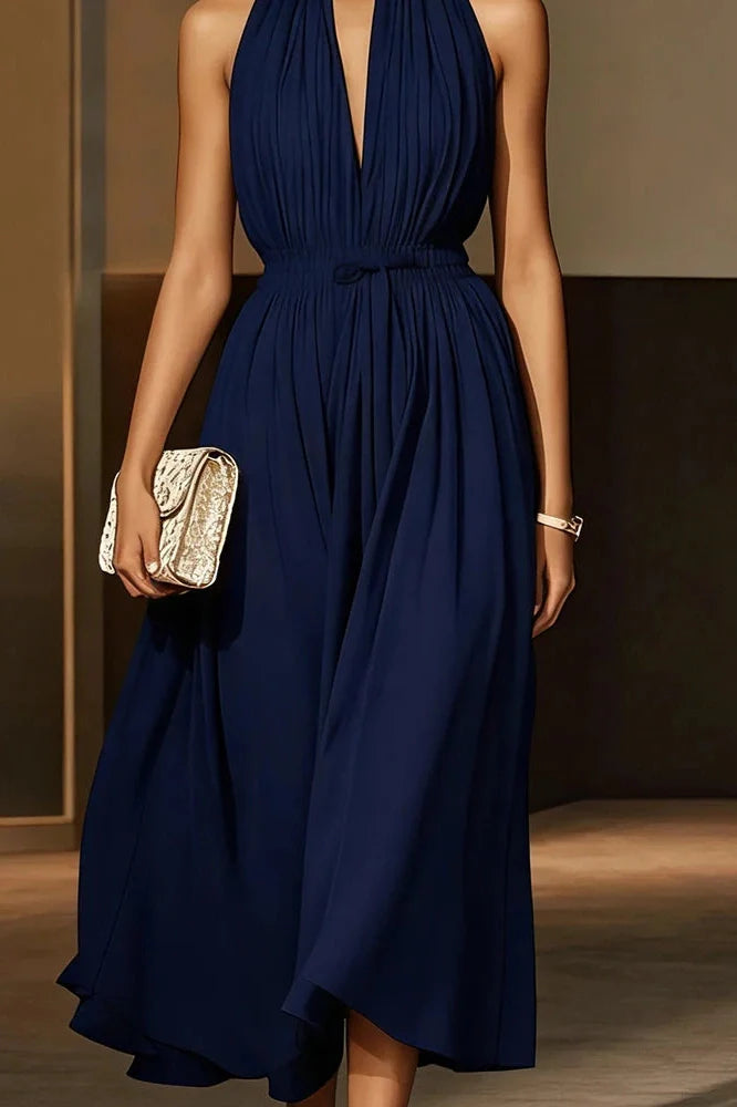 Elegant Off-Shoulder Sleeveless High Waist Backless Pleated Midi Dress