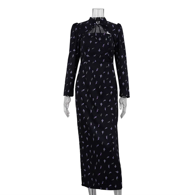 Printed Long Sleeve Lace Up Slit Maxi Dress
