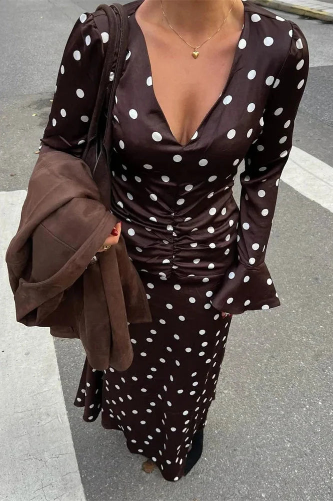 V-Neck Long Sleeve High Waist Maxi Dress