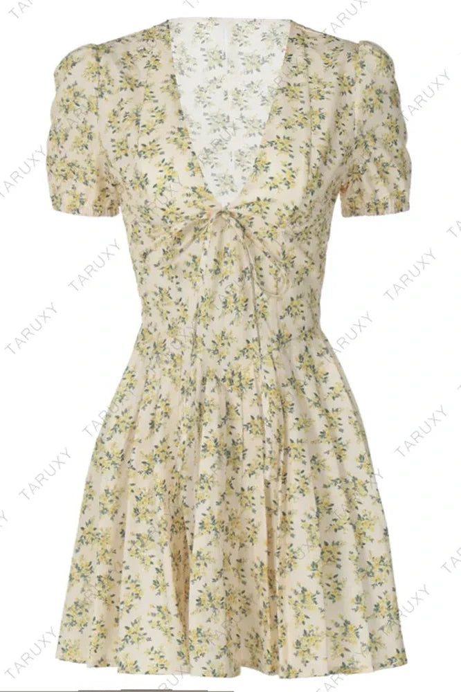 Deep V Neck A-Line High Waist Pleated Printed Mini Dress