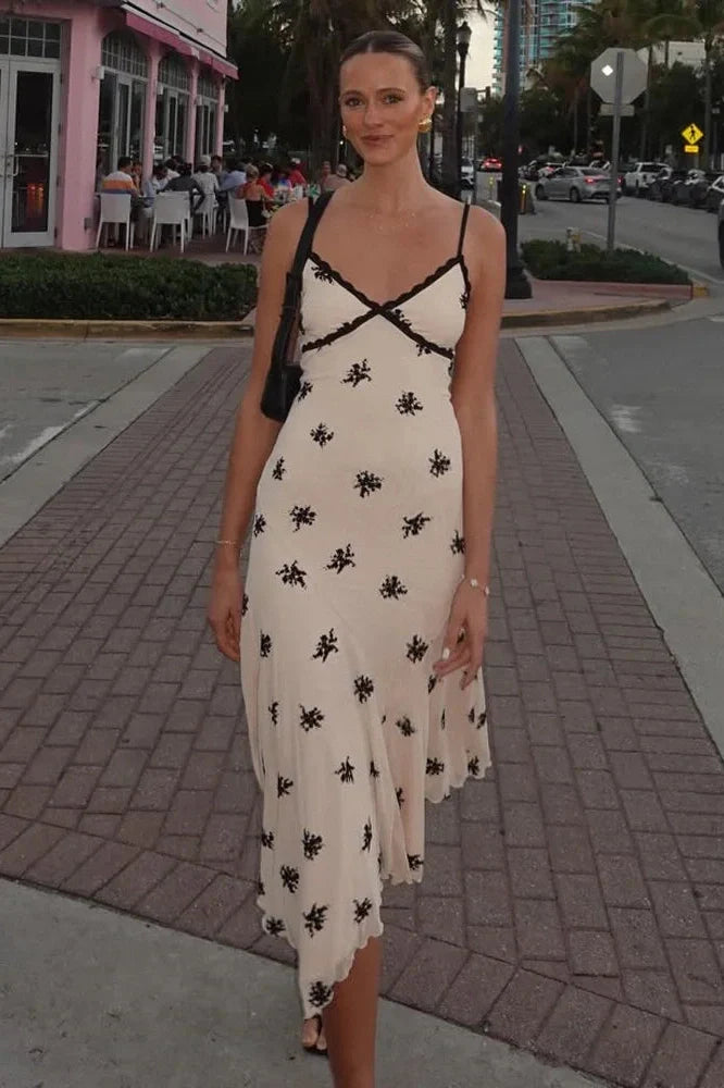Printed Lace Patchwork High Waist Slim V-Neck Midi Dress