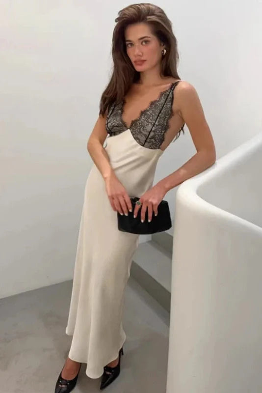 Lace Patchwork V-Neck Backless Sleeveless Maxi Dress