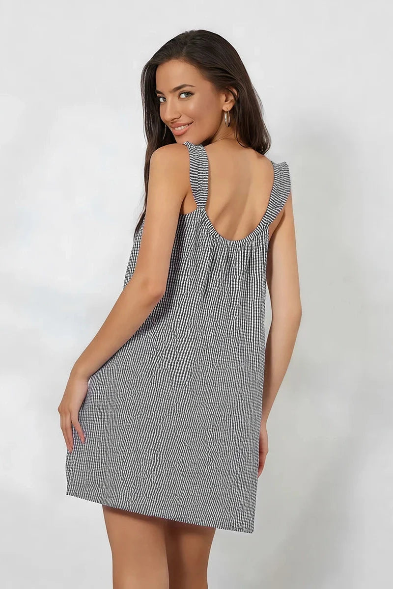 Sleeveless Tie-Up Plaid Loose Mini Dress